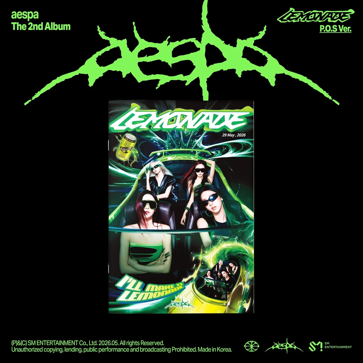 Albumhoes met vier vrouwen in een auto, groene tekst 'aespa The 2nd Album Lemonade'.