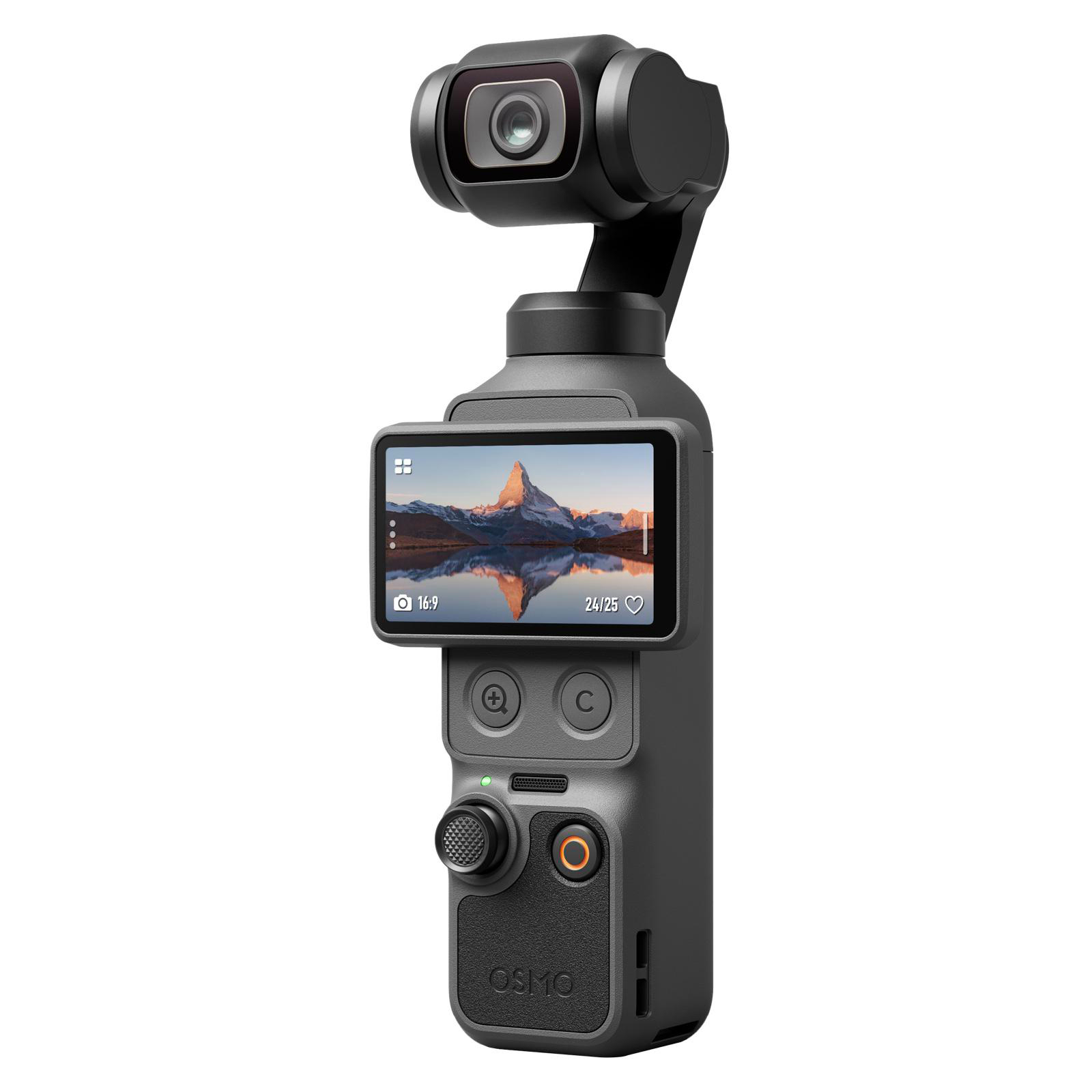 Ein schwarzer Gimbal-Stabilisator mit Kamera und Bildschirm, der eine Berglandschaft zeigt.