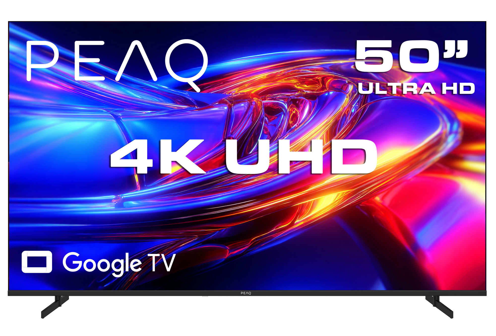 Soyut bir arka plan üzerinde Google TV'li 50 inç 4K UHD PEAQ TV.