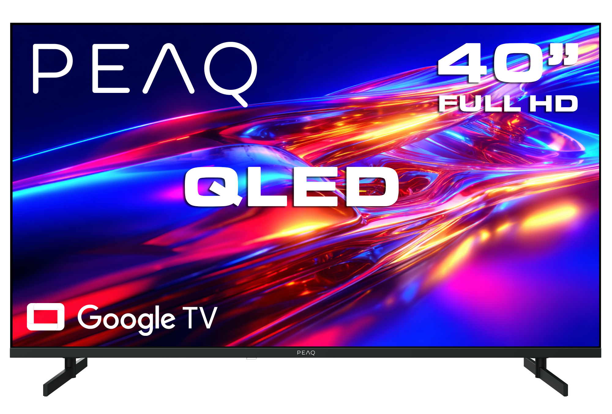 Canlı soyut arka plana sahip 40 inç QLED Google TV. PEAQ logosu görünüyor.