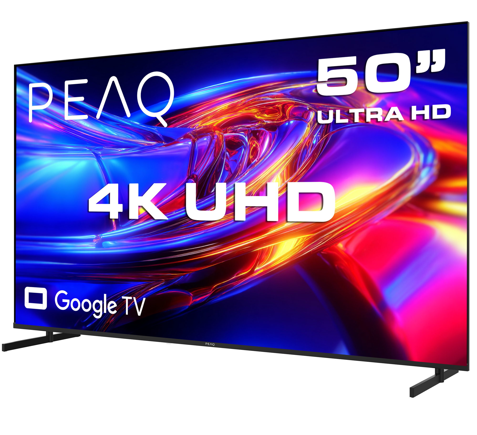 Canlı, soyut arka planlı 50 inç PEAQ 4K UHD Google TV.