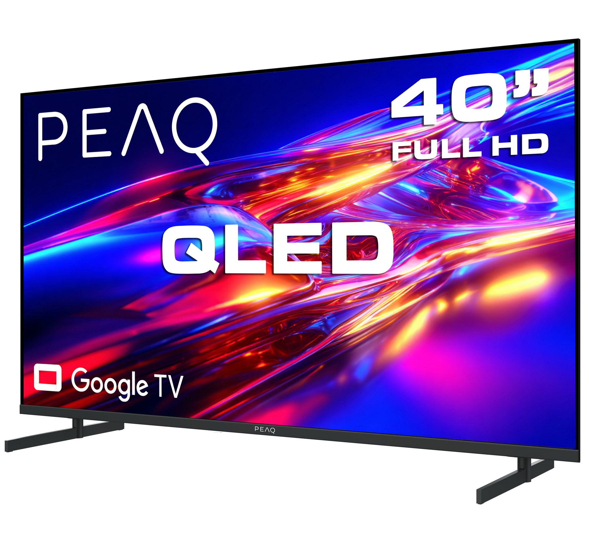 Google TV'li 40 inç QLED Full HD TV, mavi ve kırmızı arka plan üzerinde.
