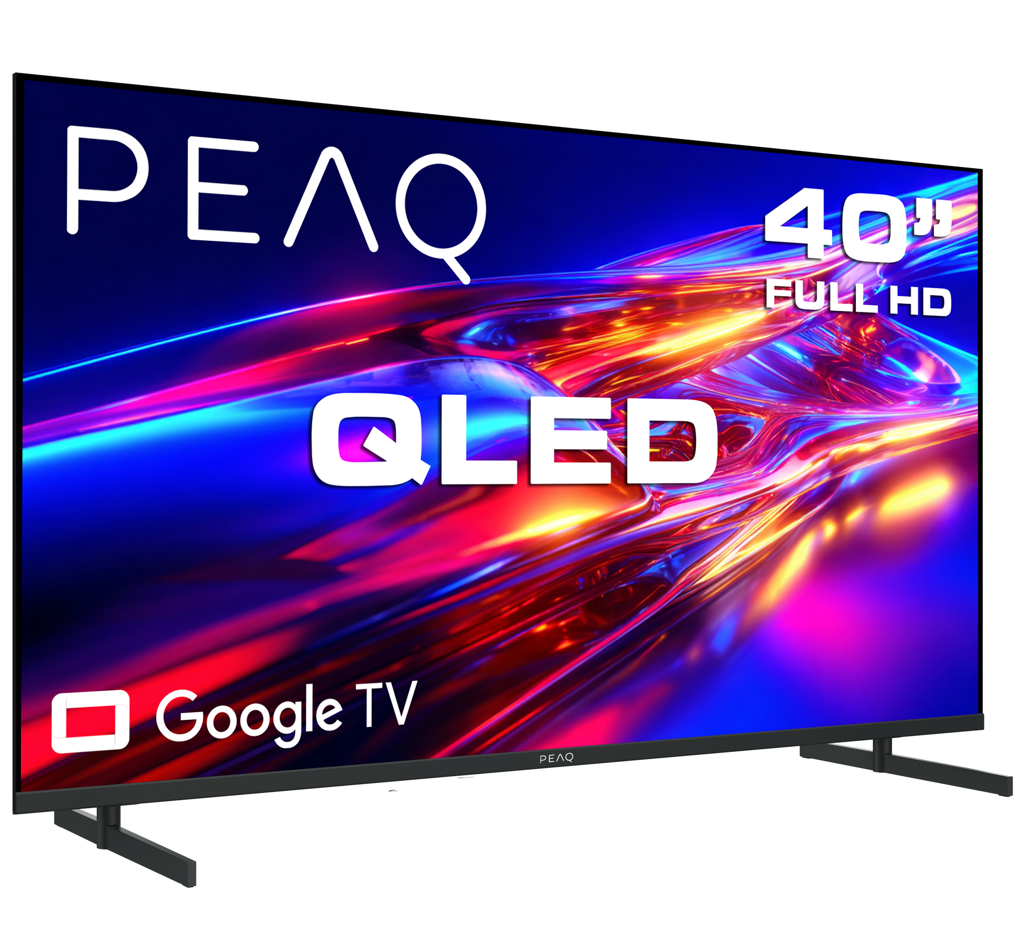 Canlı, soyut arka plana sahip Google TV'li 40 inç QLED TV.