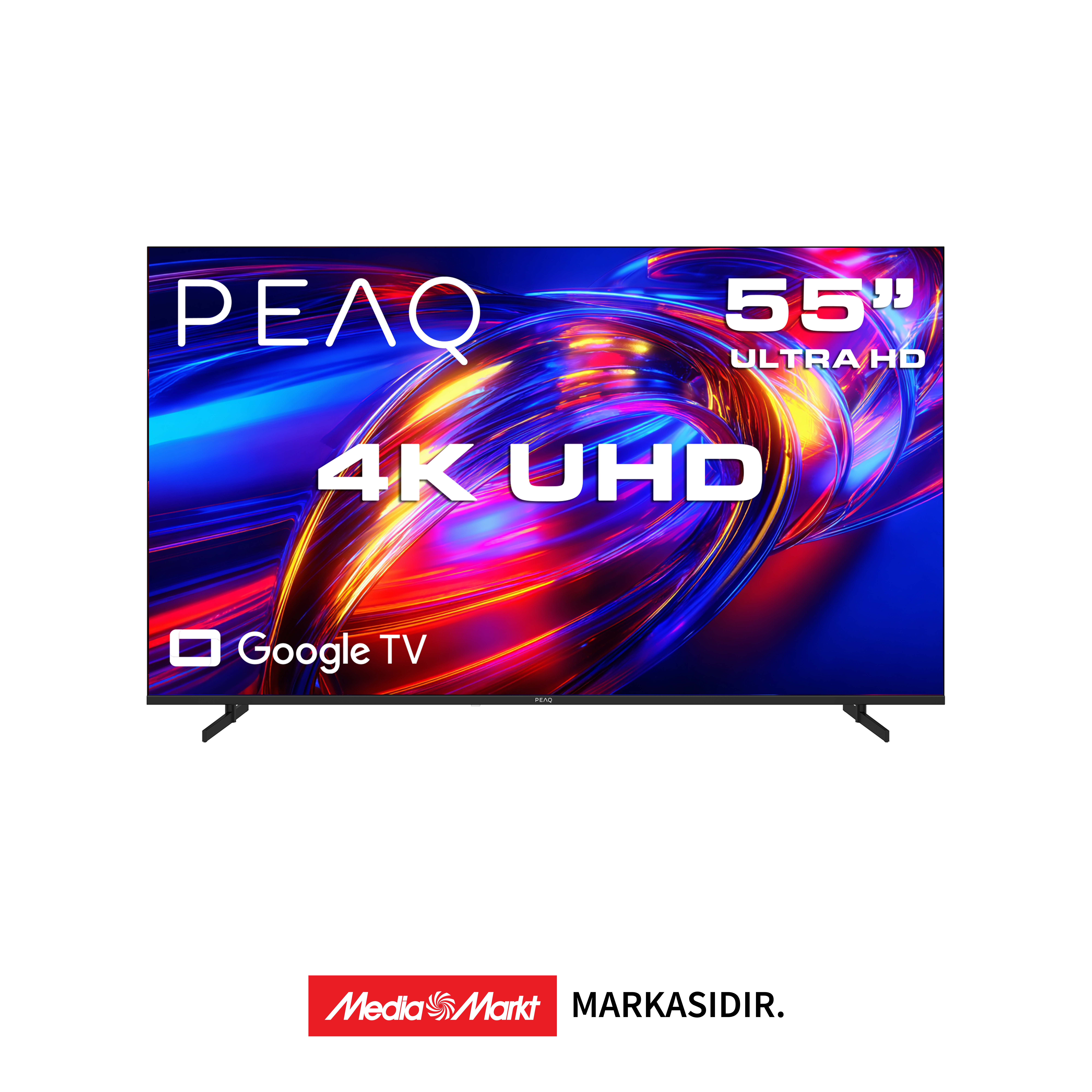 Renkli arka plana sahip 55 inç PEAQ 4K UHD TV, Google TV özellikli.