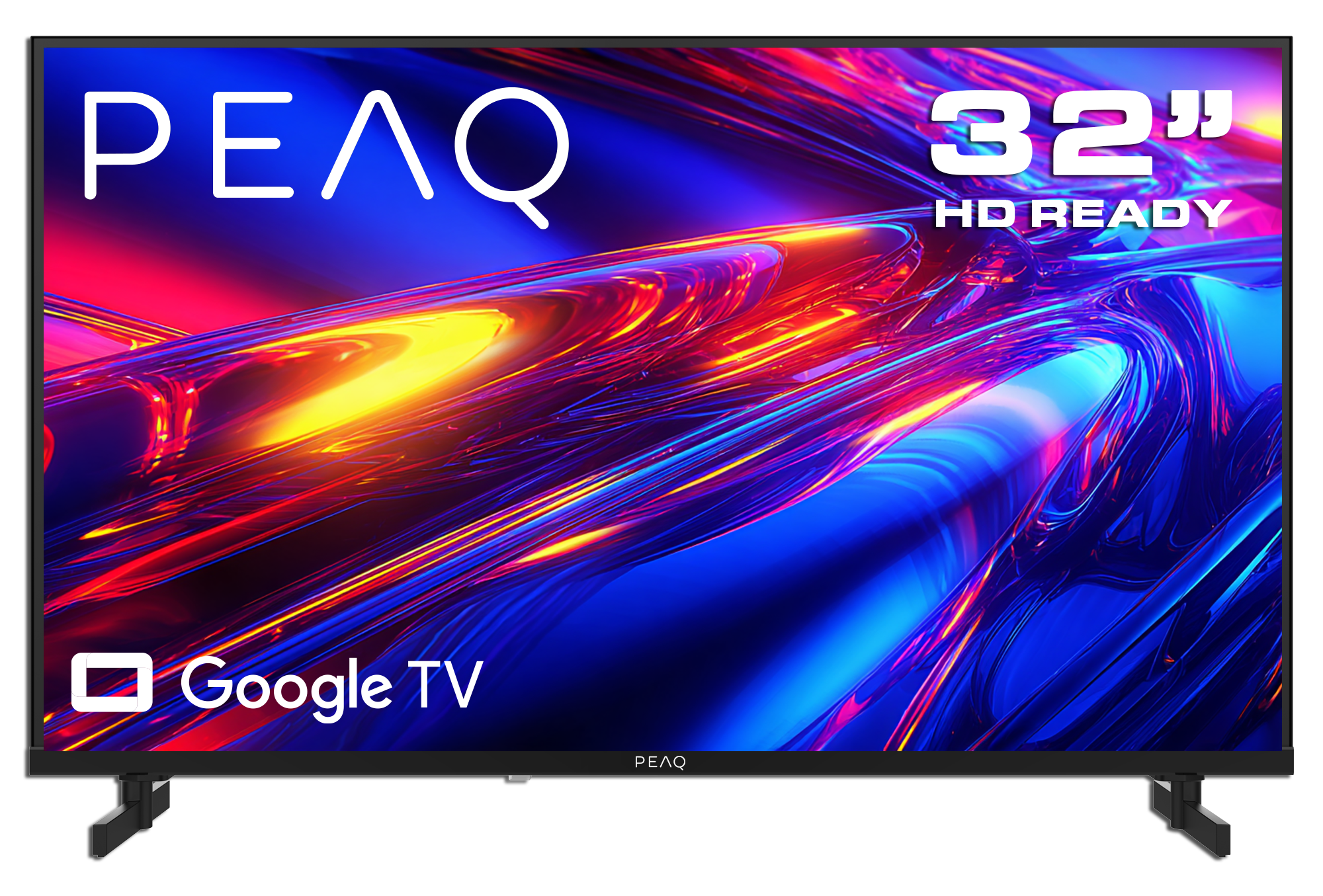 Google TV'li modern 32 inç HD Ready TV, soyut renkli ekranlı.