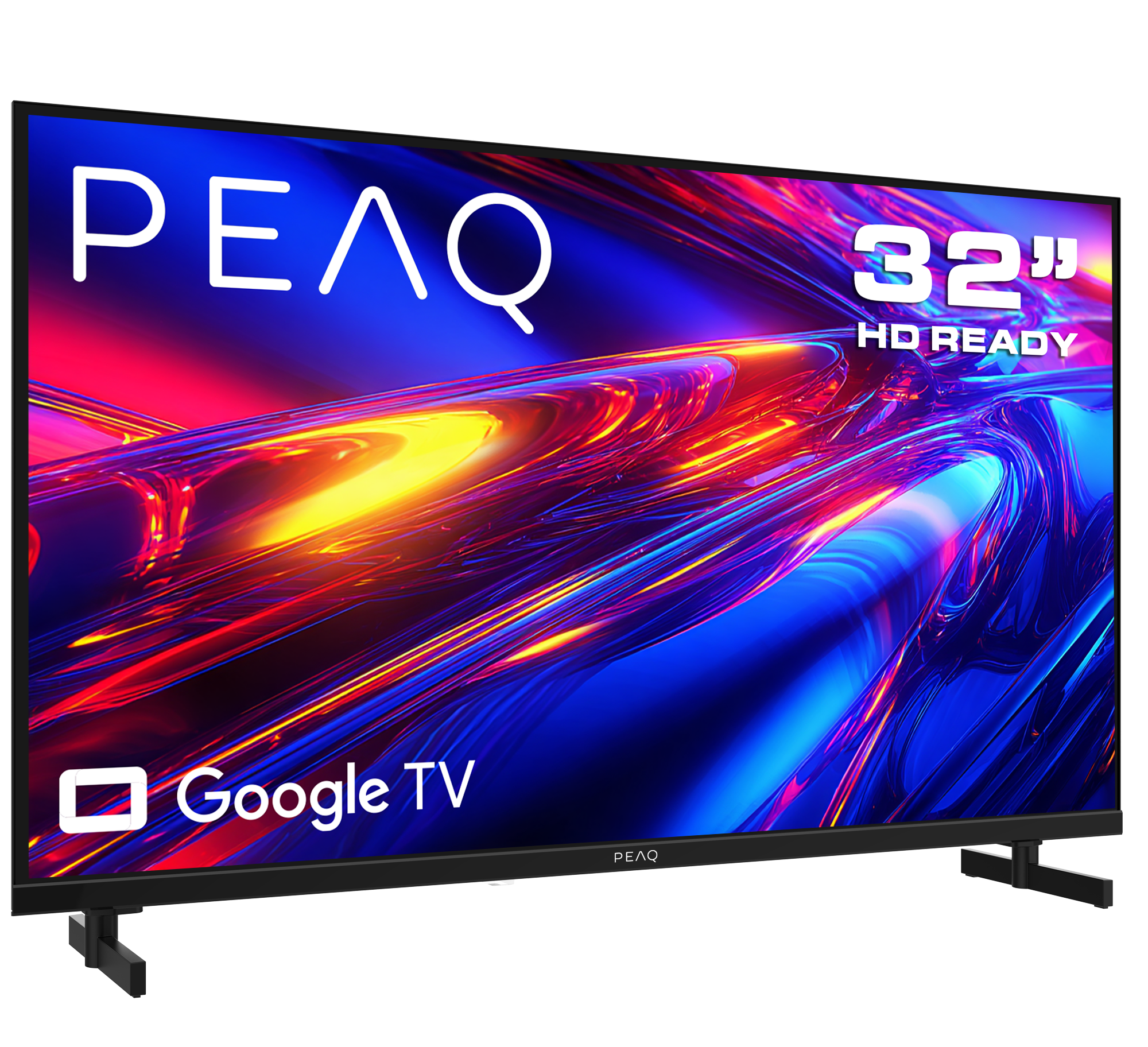 Siyah stant üzerinde Google TV'li 32 inç HD Ready PEAQ TV.