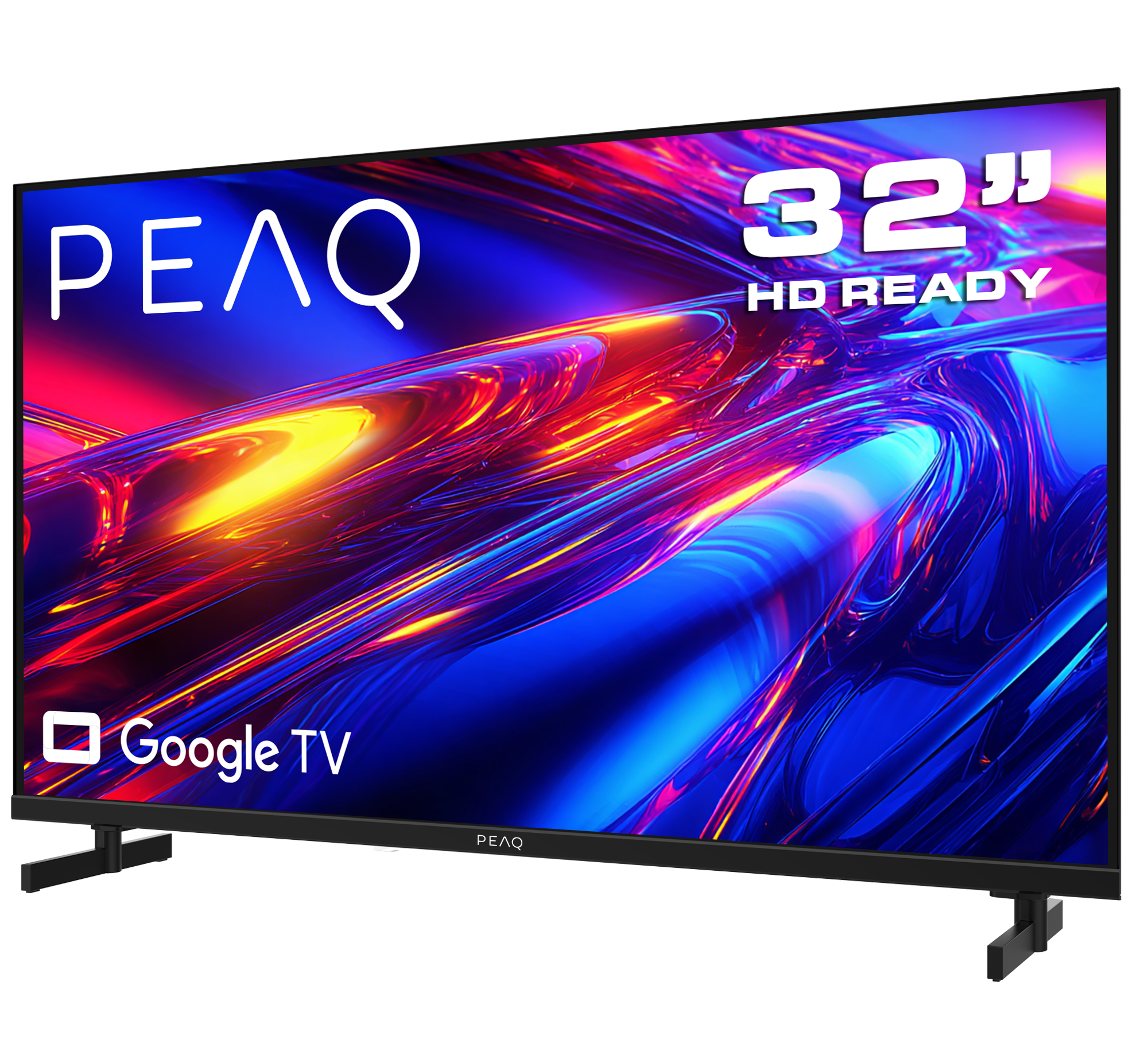Soyut, renkli arka plana sahip 32 inç HD Ready TV, Google TV özellikli.