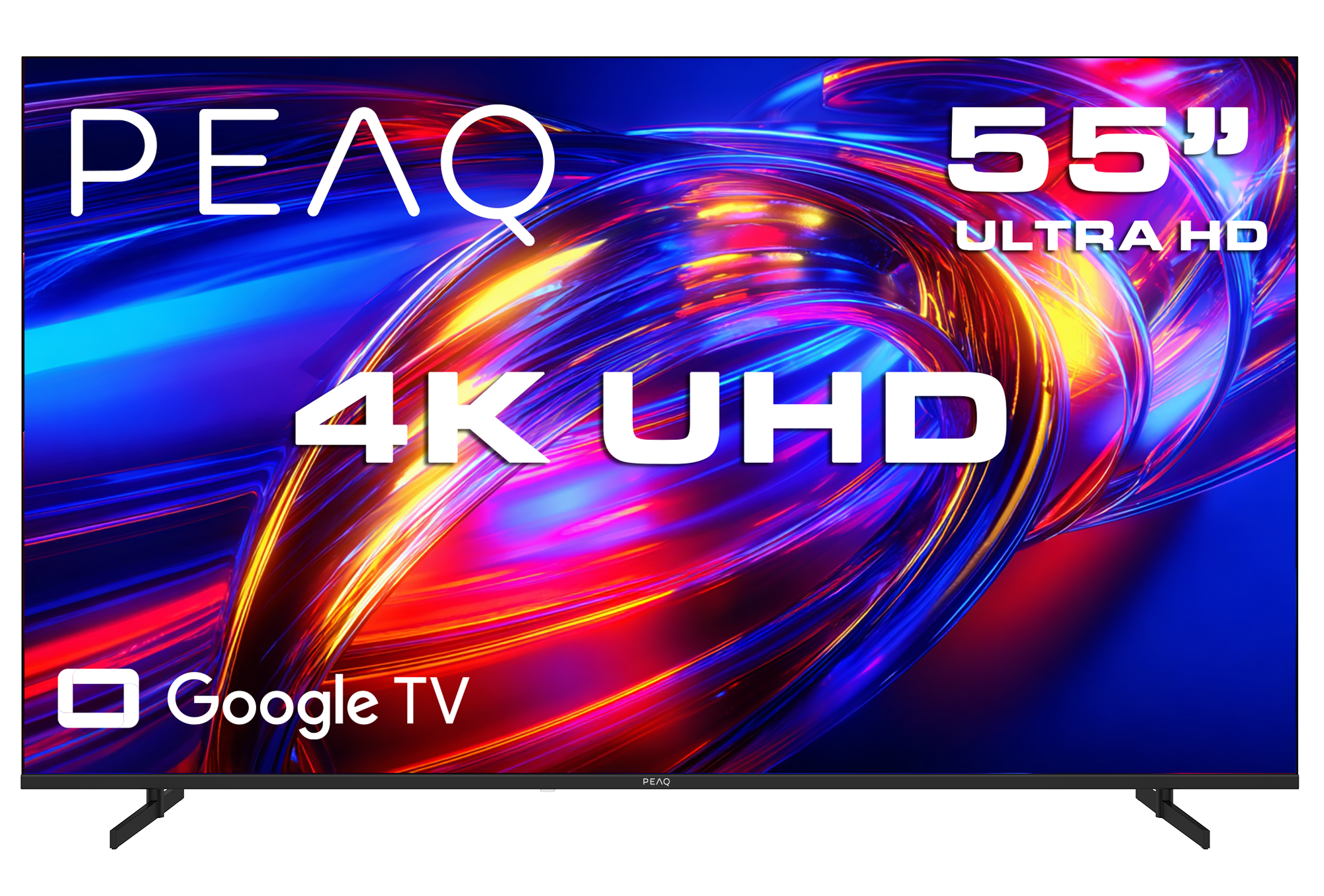 Google TV'li 55 inç PEAQ 4K UHD TV, canlı soyut bir görüntü sergiliyor.