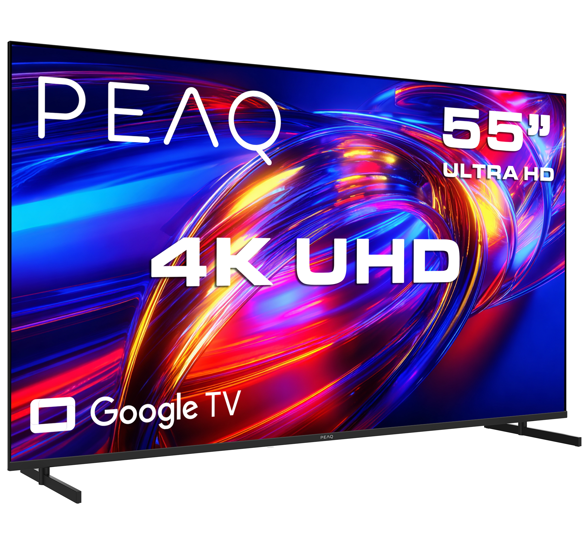 55 inç 4K UHD PEAQ TV Google TV'li, canlı renkli arka plan.