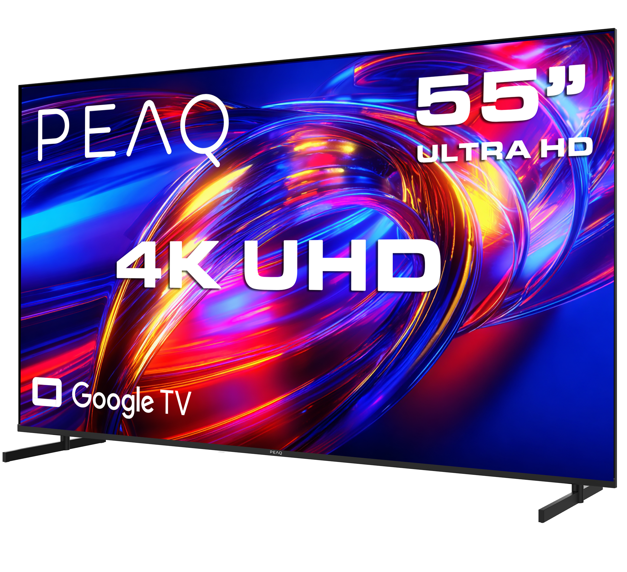 Renkli soyut bir arka plan gösteren Google TV'li 55 inç 4K UHD PEAQ TV.