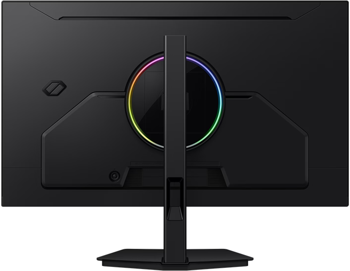 Egy fekete monitor hátulja, RGB világítással az állványán.