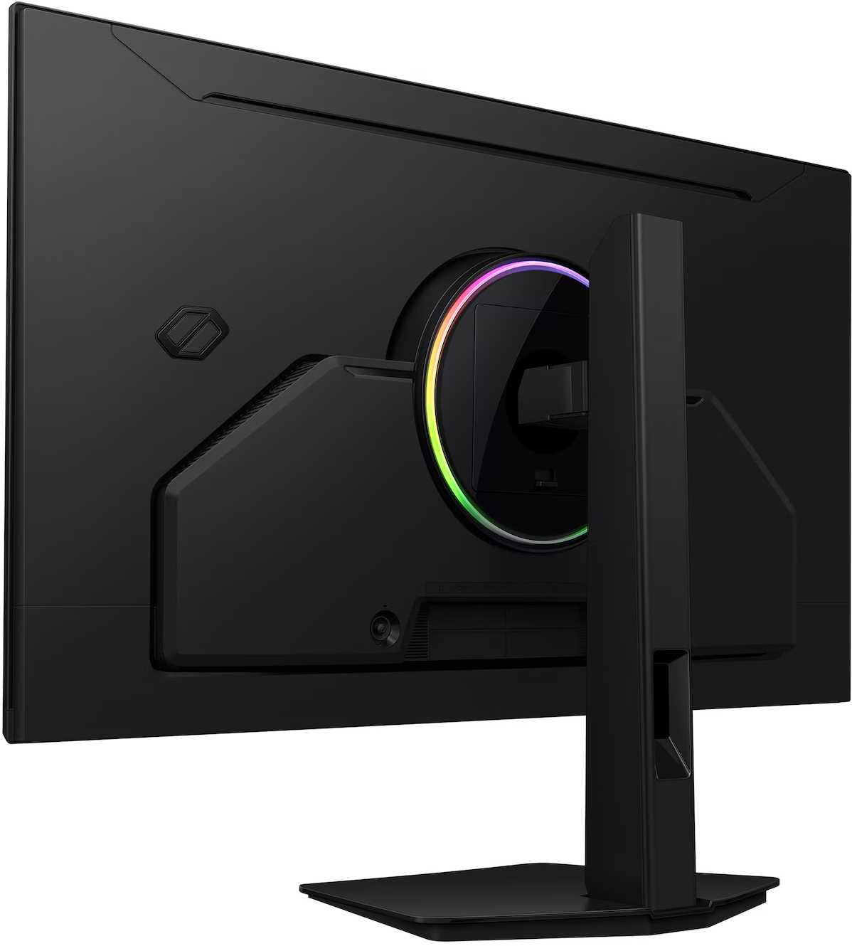 Egy fekete monitor hátulja RGB világítással és állvánnyal.