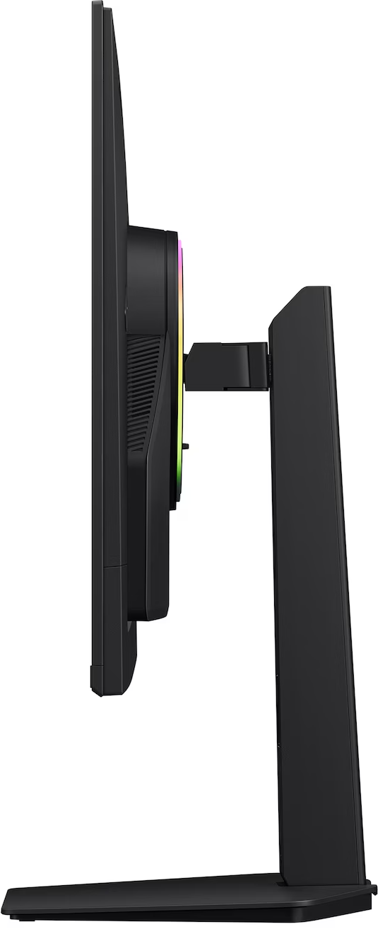 Fekete monitor RGB világítással a hátoldalon, oldalról nézve.