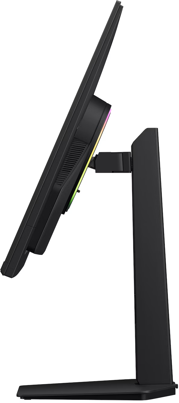 Fekete monitor állványon, oldalról mutatva, RGB kiemelő világítással.