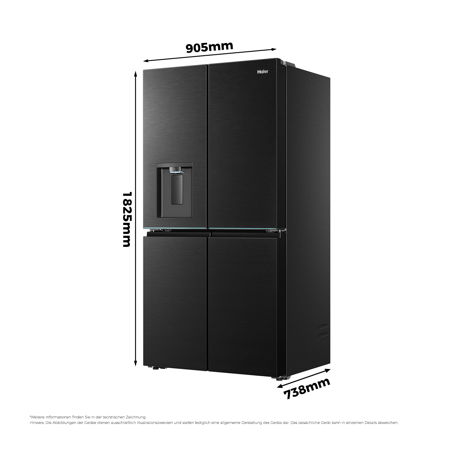 Schwarzer Kühlschrank mit vier Türen, Wasserspender und Maßangaben.