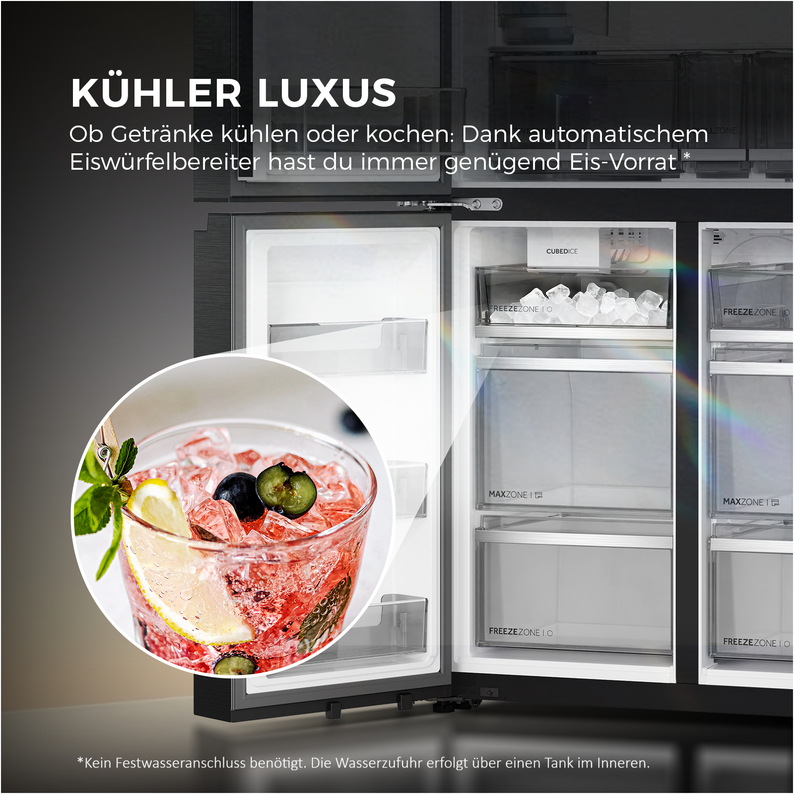 Luxus-Kühler mit Eiswürfelbereiter und Ansicht eines Drinks.