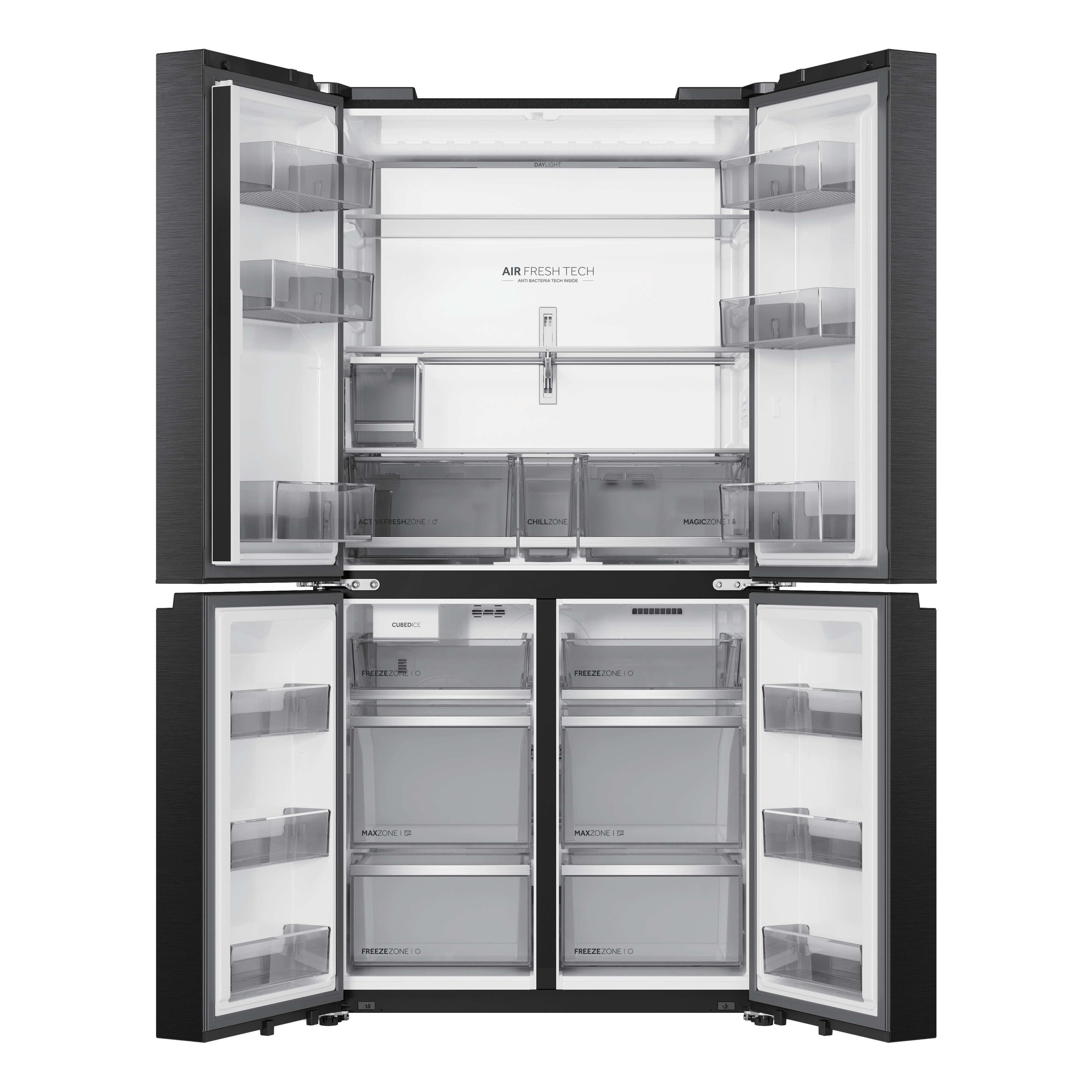 Offener schwarzer Kühlschrank mit mehreren Fächern, Schubladen und Regalen.