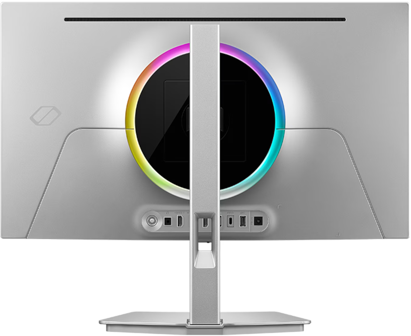 Ezüst monitor hátulja RGB világítással és portokkal.
