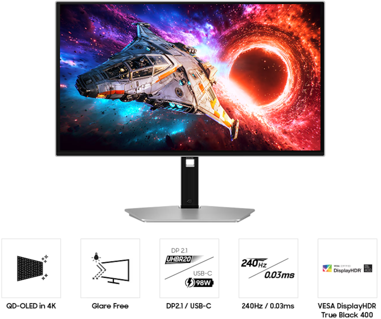 Monitor űrhajót mutat fekete lyuk közelében. Jellemzők: QD-OLED 4K, Tükröződésmentes, DP2.1/USB-C, 240Hz/0.03ms, VESA DisplayHDR.