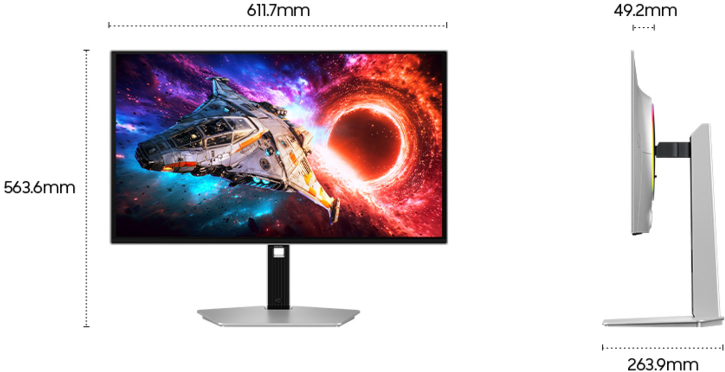 Monitor űrhajóval fekete lyuk előtt. Méretek láthatók.