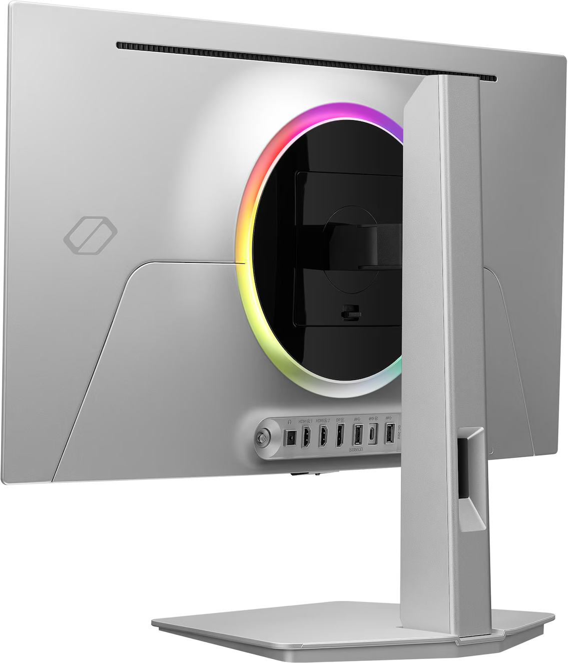 Ezüst monitor hátoldala RGB világítással, portokkal és állvánnyal.