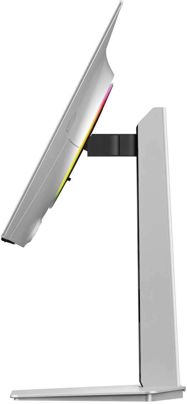 Ezüst monitor RGB világítással állványon.