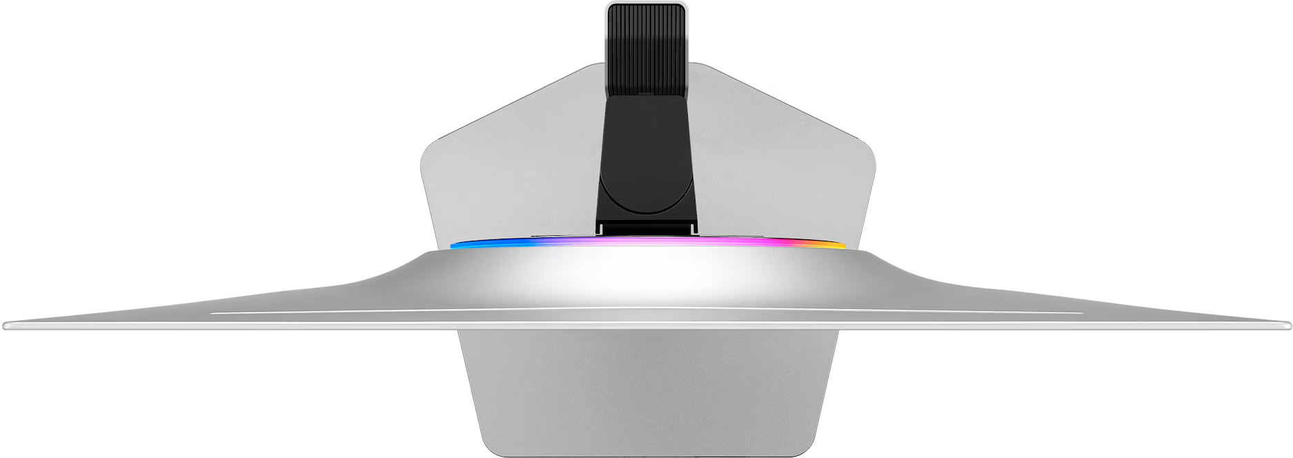 Ezüst számítógépes egér RGB világítással és recézett görgetőkerékkel.