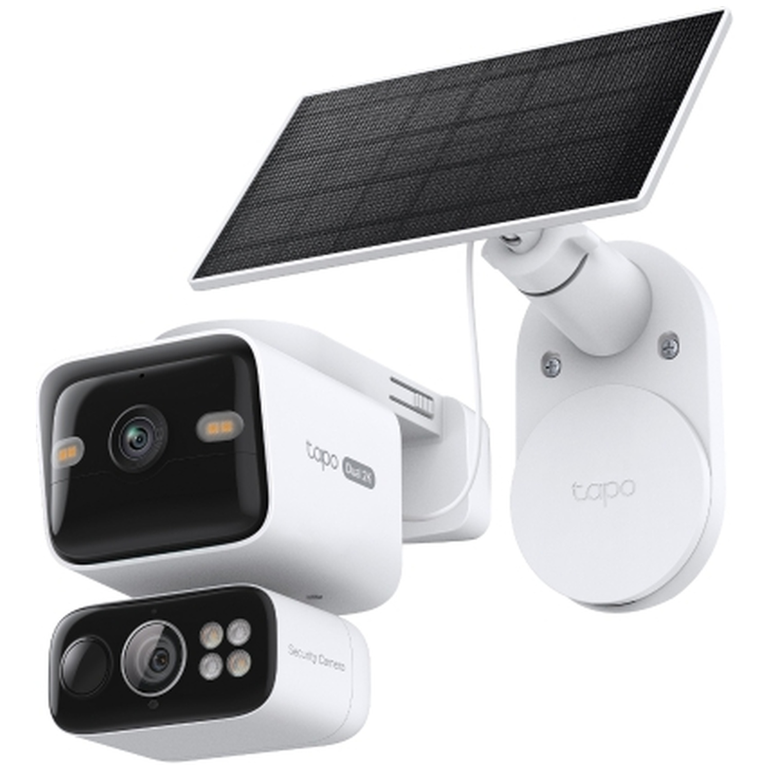 White dual lens security camera with a solar panel and mounting base.