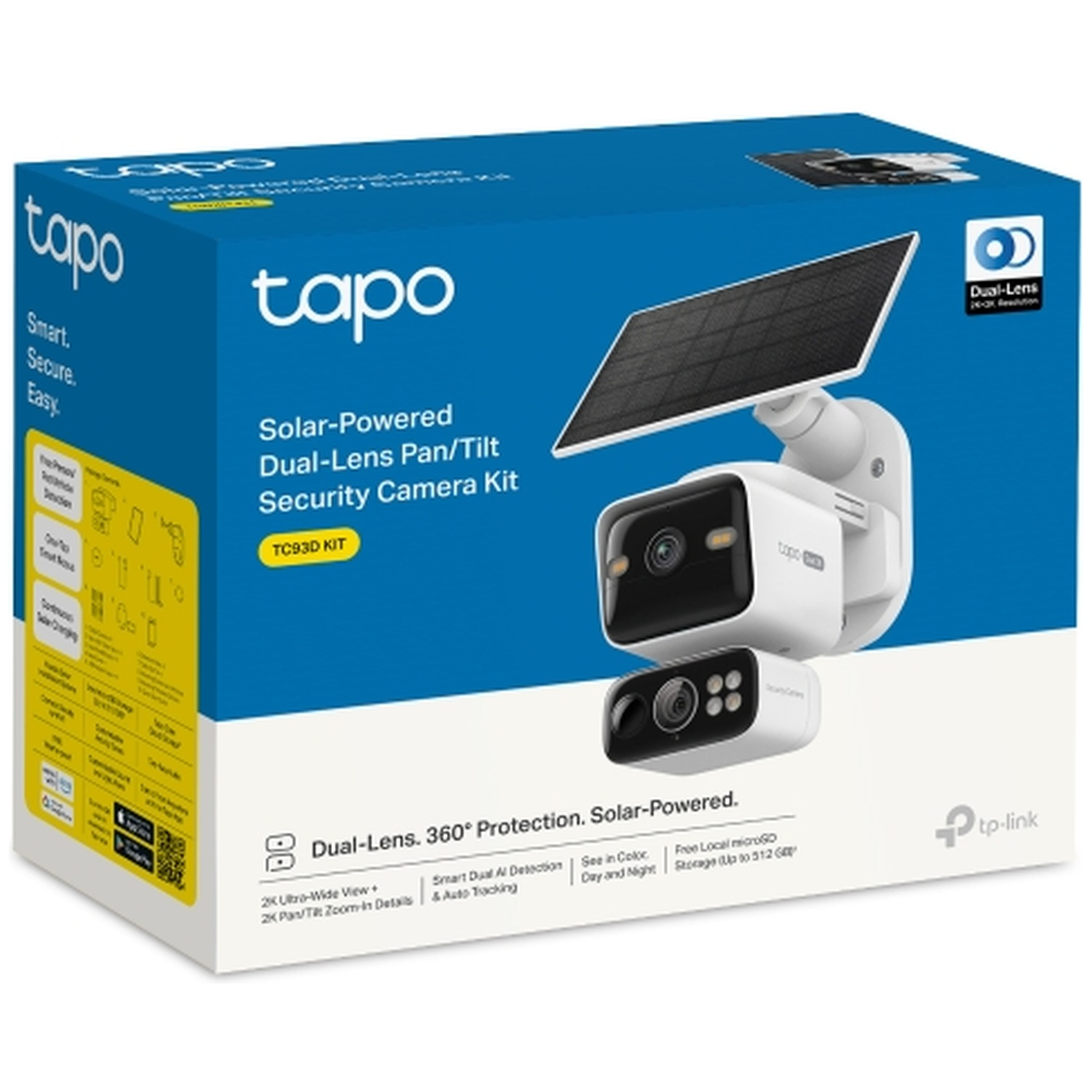 Product packaging shows a white security camera with a solar panel. Product info on the left.