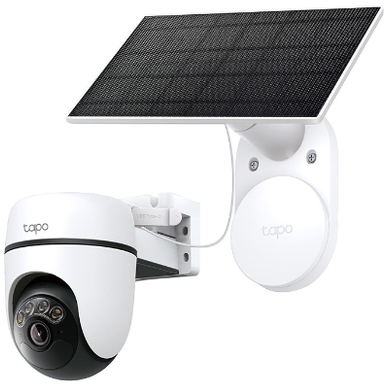White security camera with a solar panel, mounted on a white background.