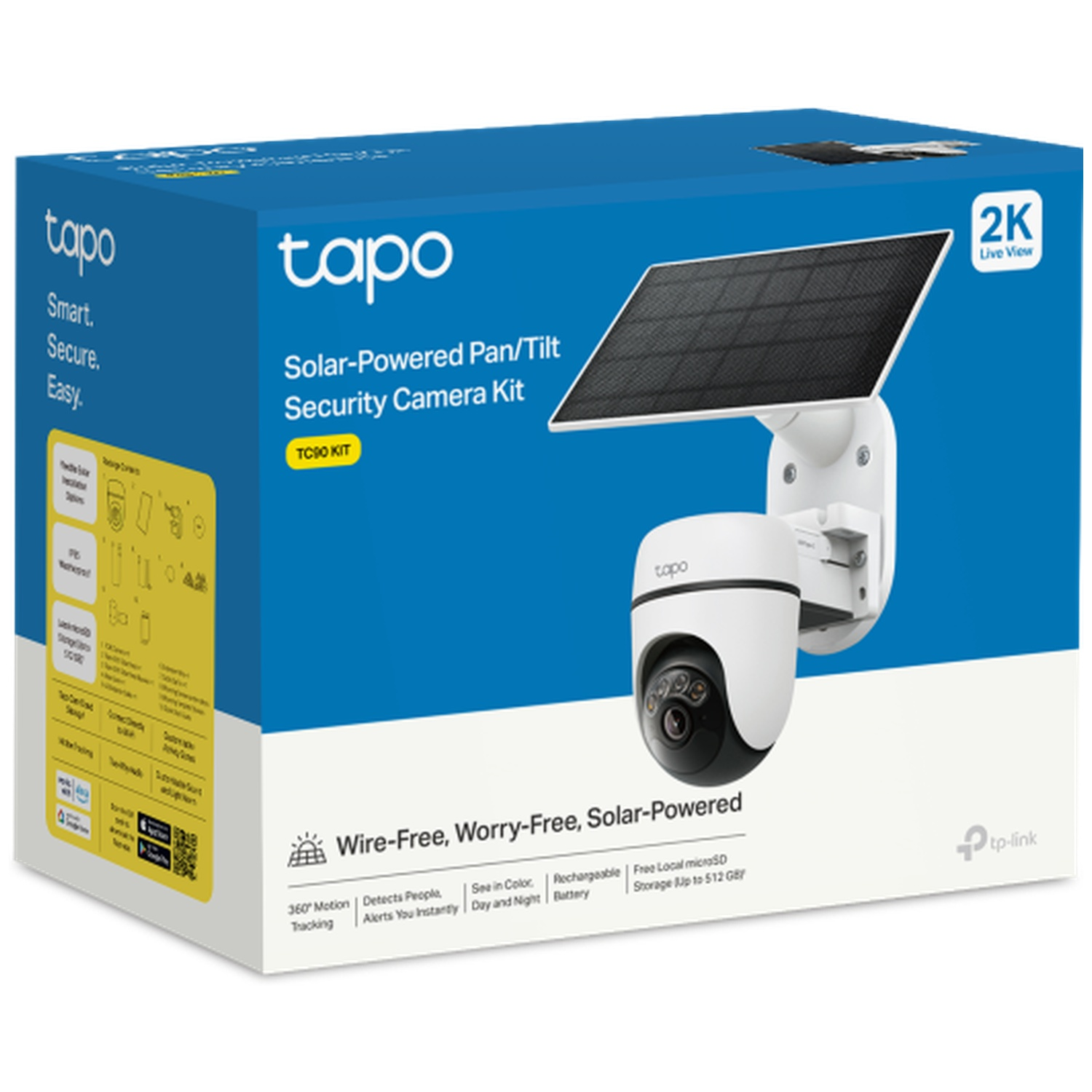 Tapo solar-powered security camera kit box with camera and solar panel.