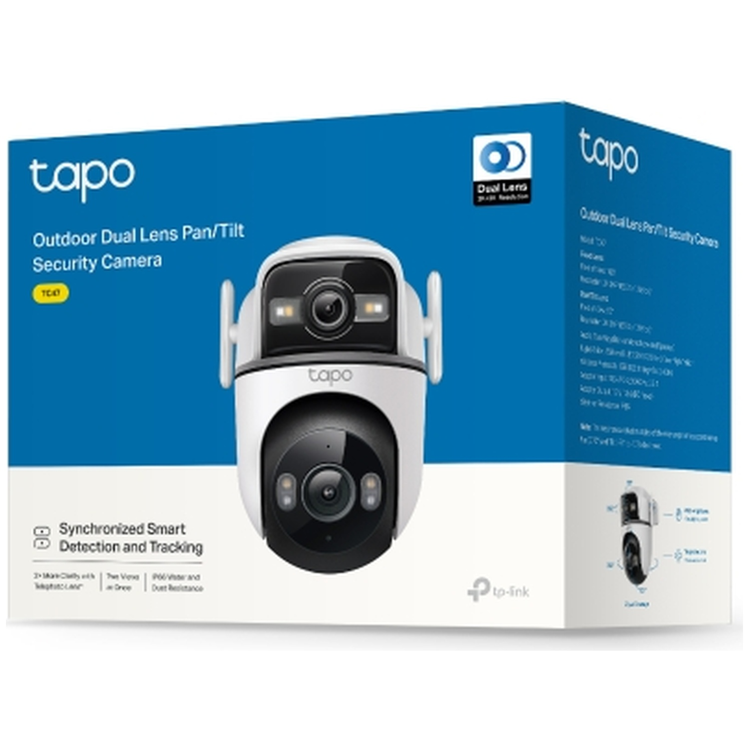 Tapo Outdoor Dual Lens Security Camera on blue and white packaging with product image.