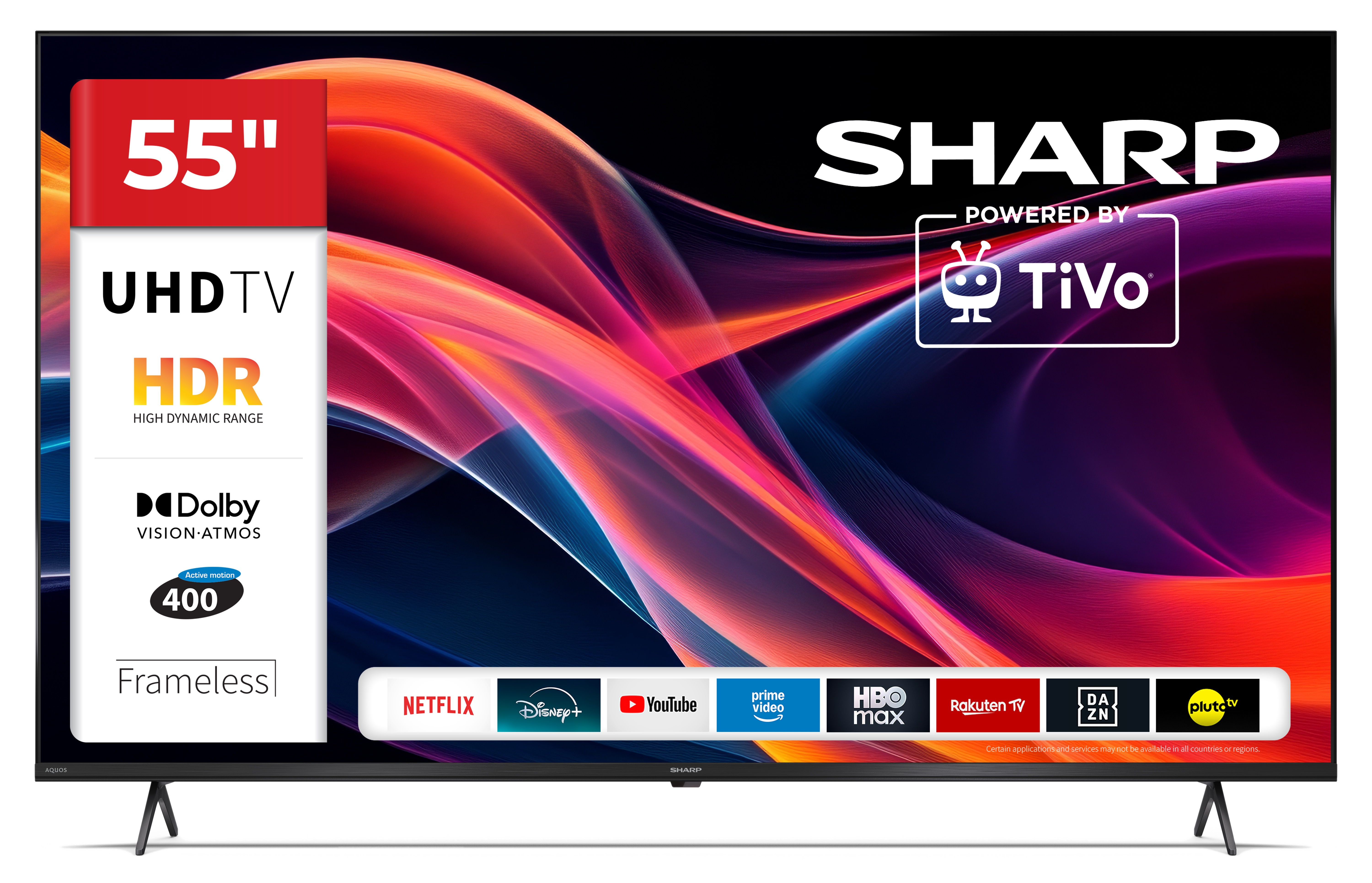 Telewizor Sharp UHD 55" z HDR, Dolby Vision/Atmos, TiVo i logotypami aplikacji.