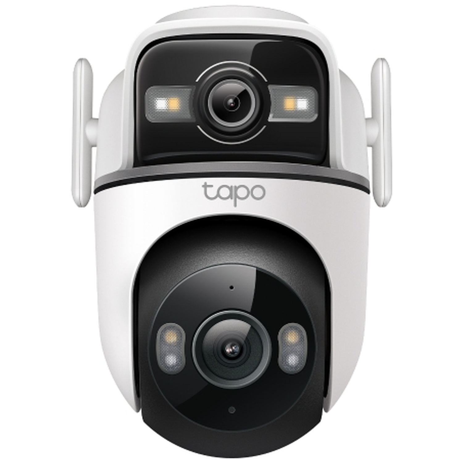 A white security camera with two lenses, antennas, and the logo on the front.