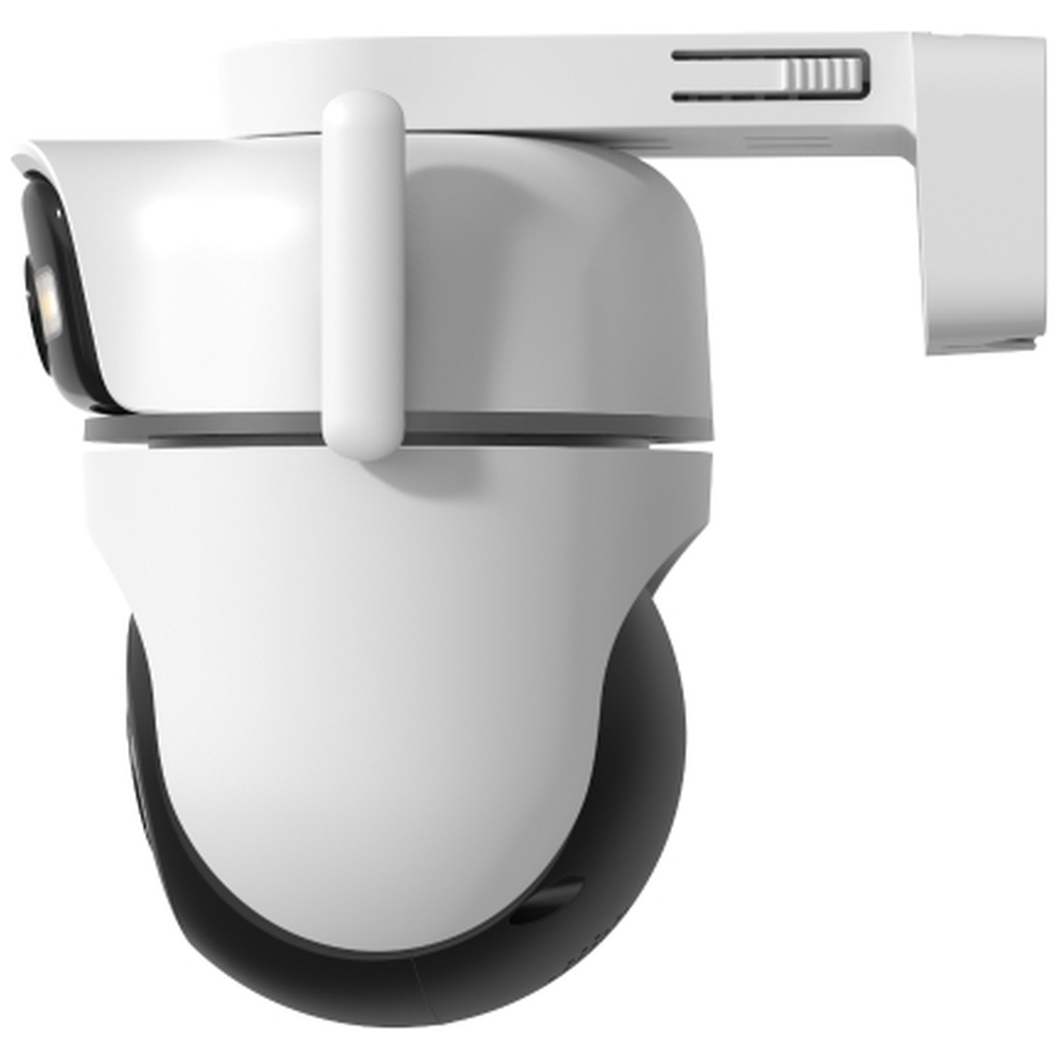 A white security camera with a black base, mounted on a bracket.