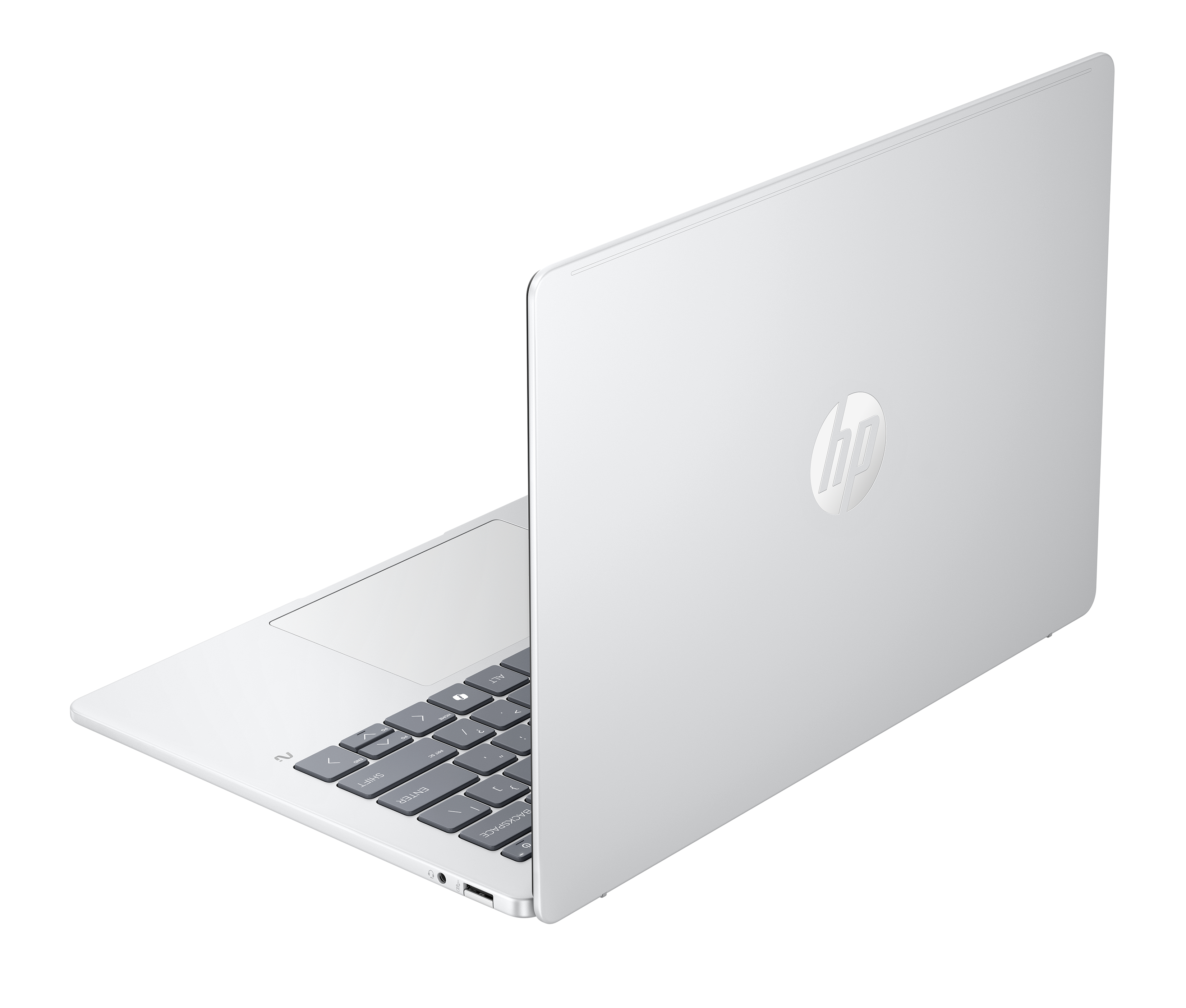 Un portátil HP plateado abierto que muestra el teclado y el panel táctil.