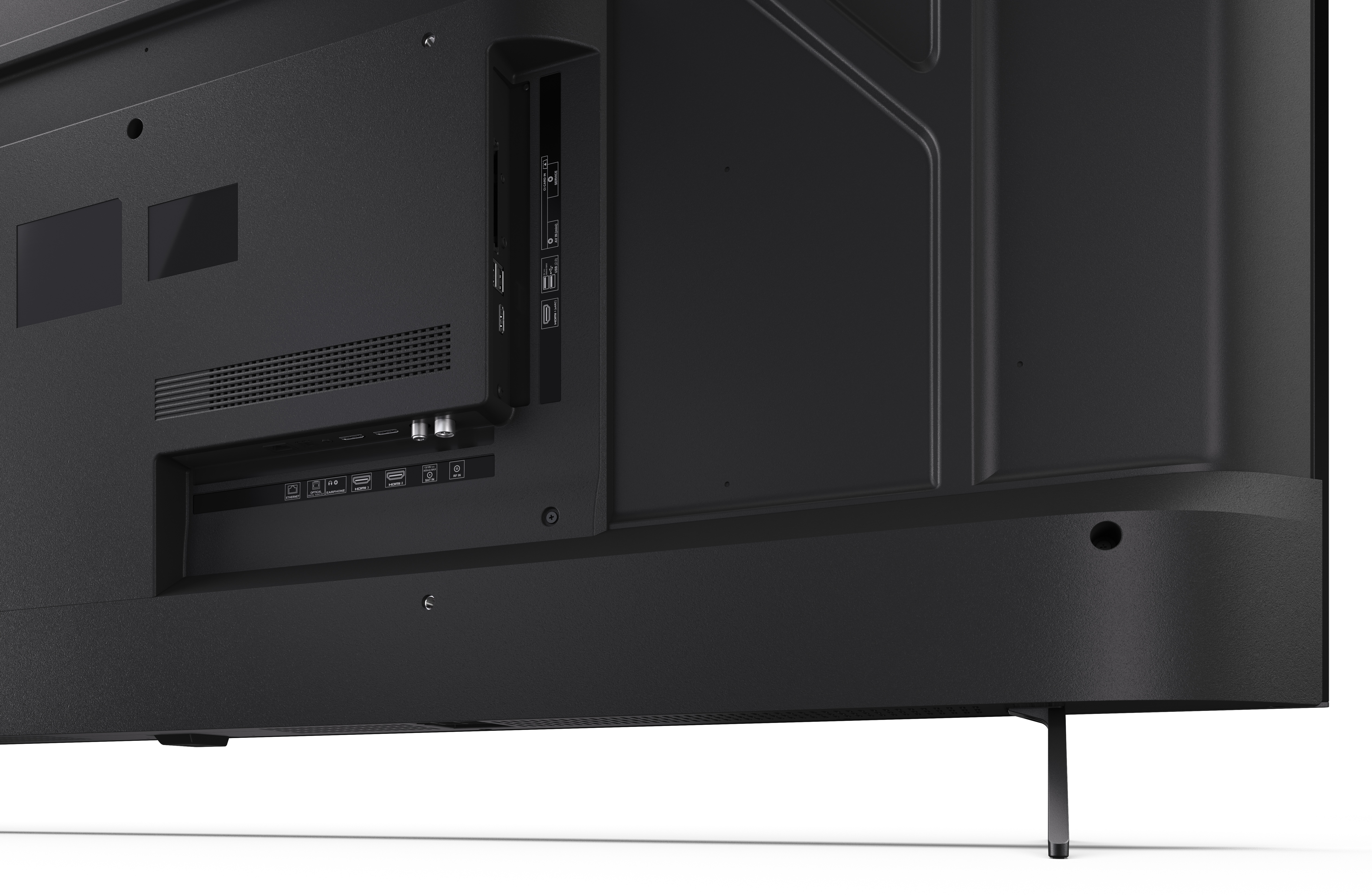 Tył czarnego telewizora z portami: HDMI, USB, Ethernet, Optyczny, Słuchawki, RF.