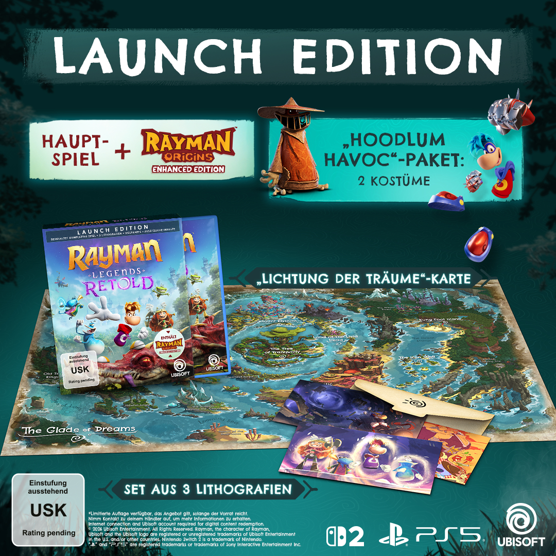 Rayman Launch Edition: Spiel, Karte, 2 Kostüme, 3 Lithografien. USK Bewertung ausstehend.