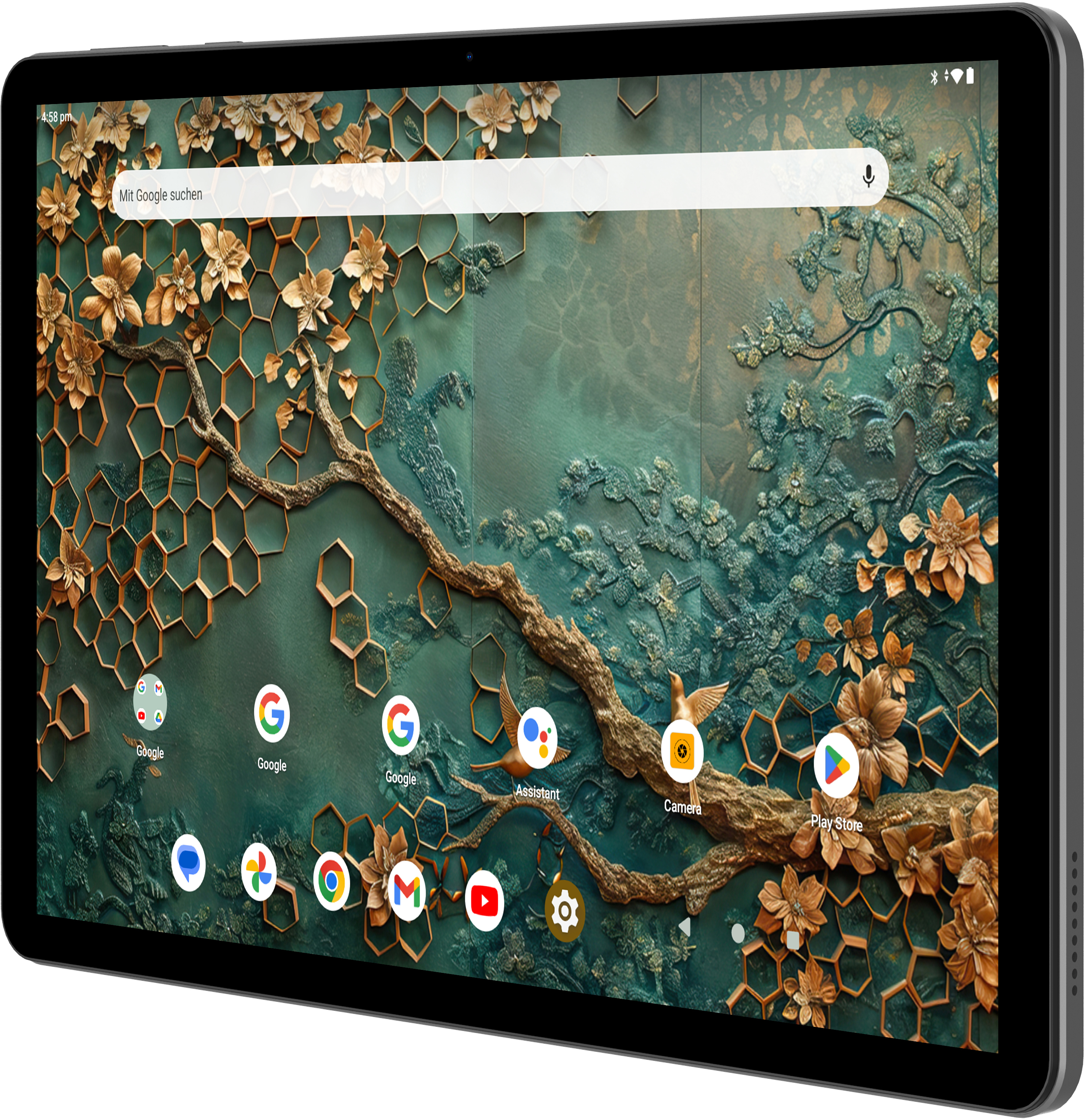 Ein Tablet mit einem kunstvollen Hintergrund und App-Symbolen.