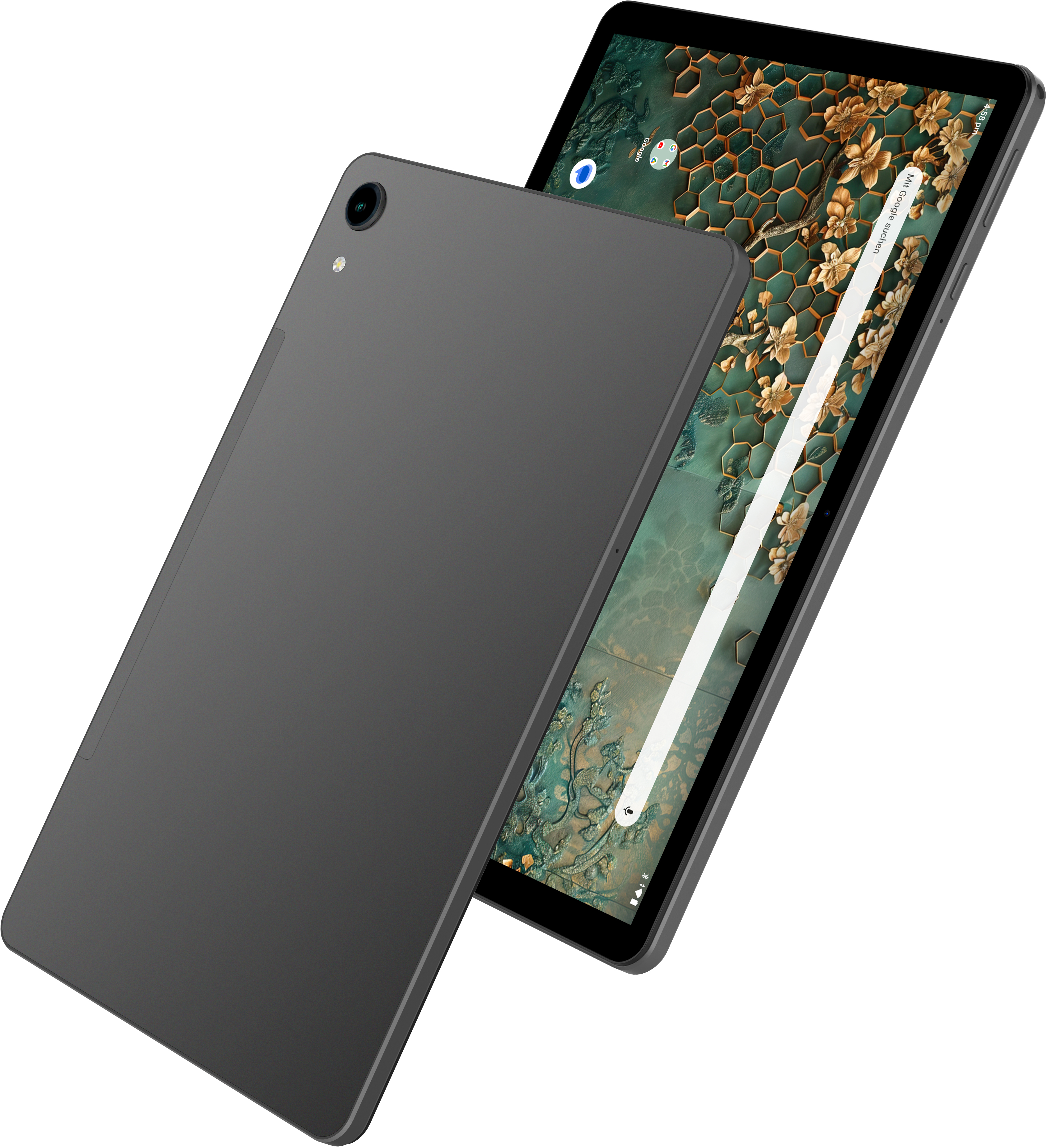 Ein graues Tablet mit floralem Hintergrund auf dem Bildschirm. Eines ist offen, das andere liegt dahinter.
