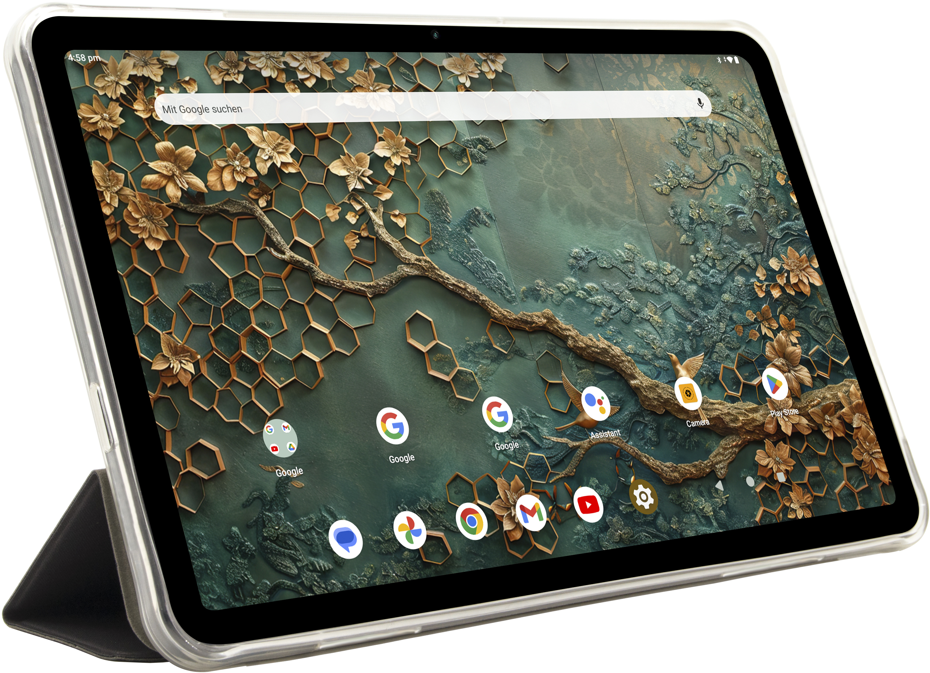 Tablet mit kunstvollem Hintergrund und Google-Apps. Inklusive Suchleiste.