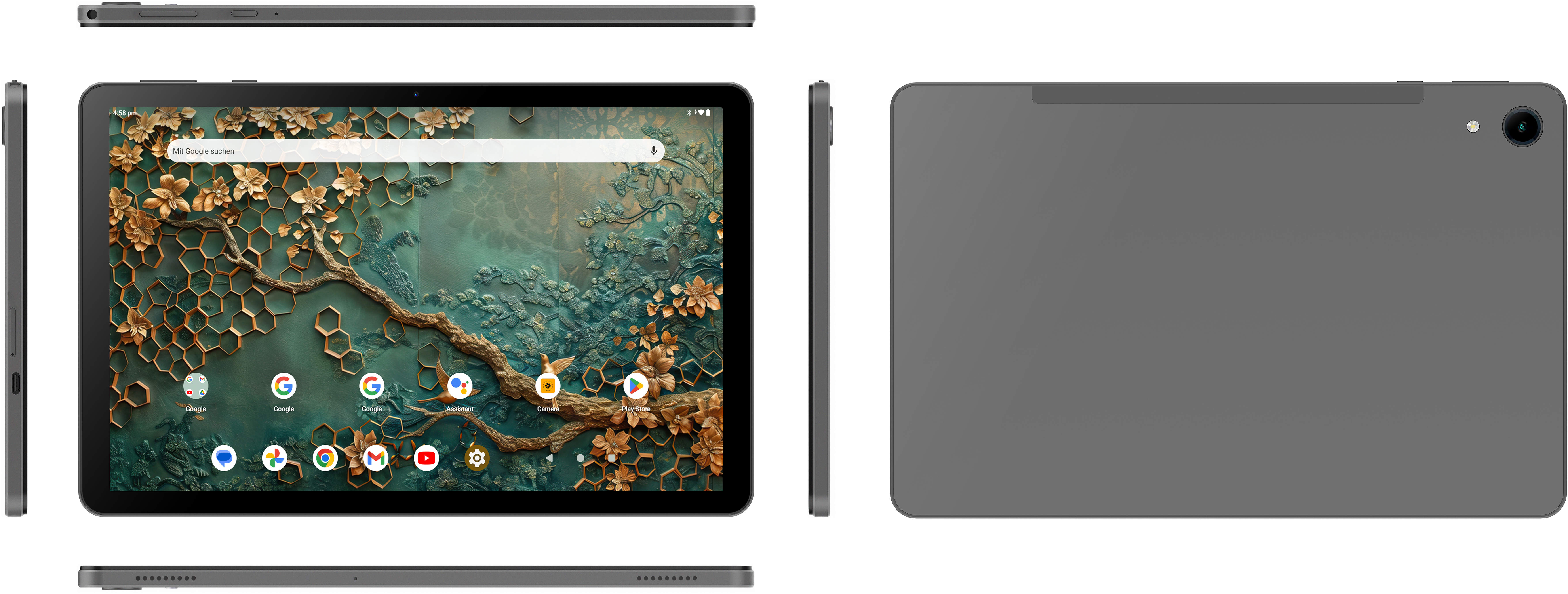 Graues Tablet mit floralem Hintergrund und Kameras auf Vorder- und Rückseite.