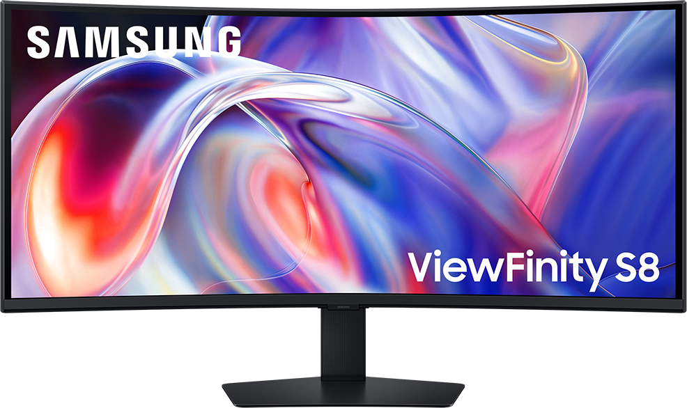 Egy Samsung ViewFinity S8 monitor színes, absztrakt örvénymintát jelenít meg. Fekete állvány.