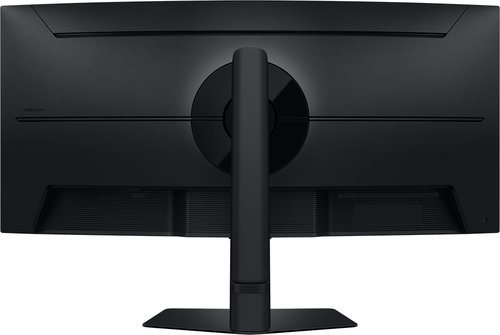 Fekete monitor hátulja állvánnyal és Samsung logóval.