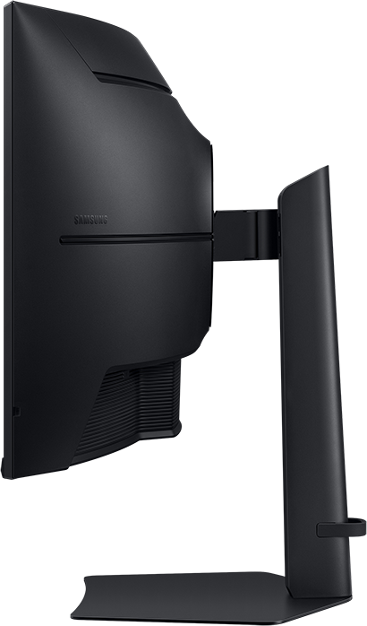 Egy fekete Samsung monitor hátulja forgókarral és állvánnyal.