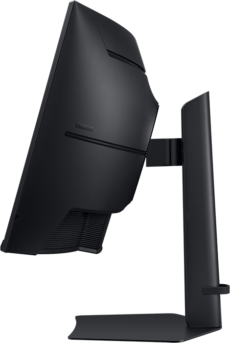 Fekete monitor hátulnézete Samsung logóval fekete háttéren.