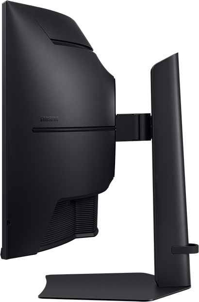 Egy fekete Samsung monitor hátulnézete, csuklós karral és állvánnyal.