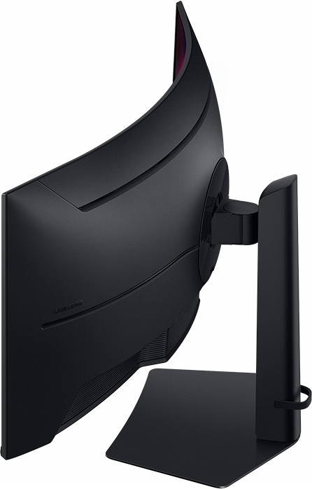 Ívelt fekete monitor hátulja Samsung logóval és állvánnyal.