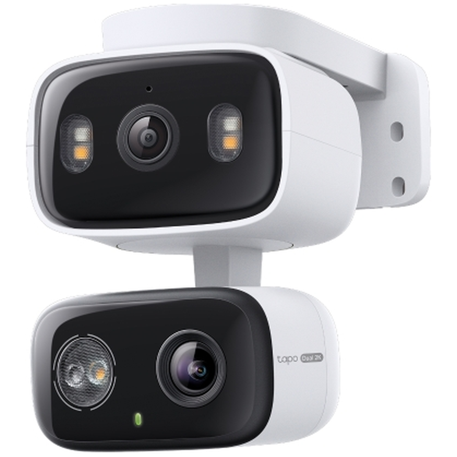 Twee witte beveiligingscamera's met zwarte voorkanten en LED-lampen.