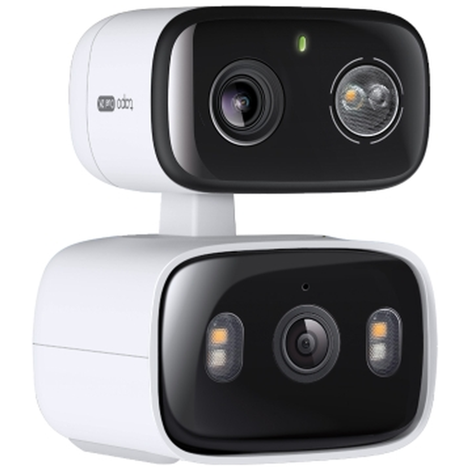 Twee witte camera's met zwarte voorkanten, op elkaar gestapeld.